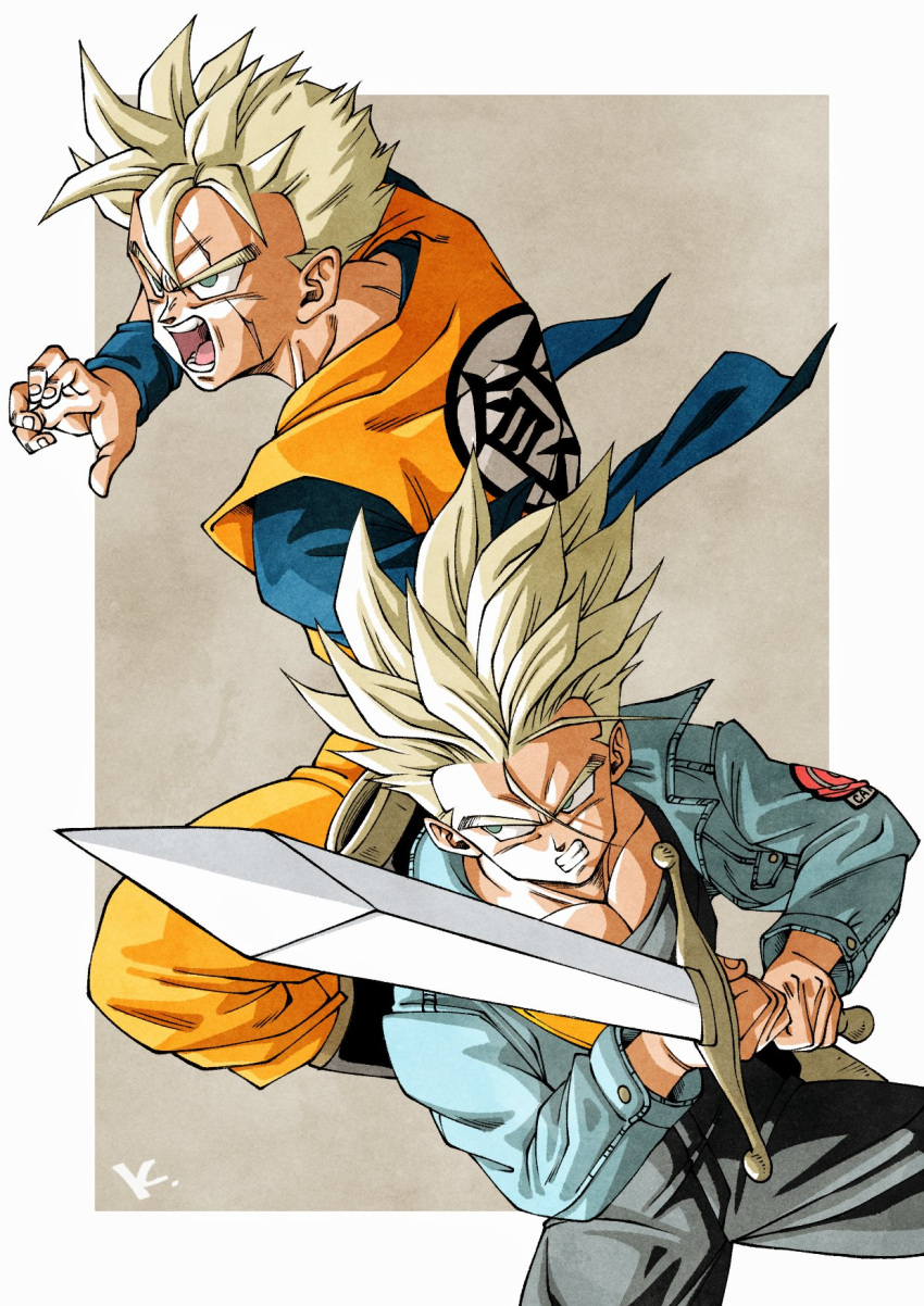 2boys black_pants blonde_hair blue_shirt blue_wristband border brown_background denim denim_jacket dragon_ball dragon_ball_z green_eyes highres holding holding_sword holding_weapon jacket jumpsuit kakeru_(dbskakeru) multiple_boys open_clothes open_jacket open_mouth orange_jumpsuit pants shirt short_hair son_gohan_(future) spiked_hair sword teeth toriyama_akira_(style) trunks_(dragon_ball) trunks_(future)_(dragon_ball) weapon white_border