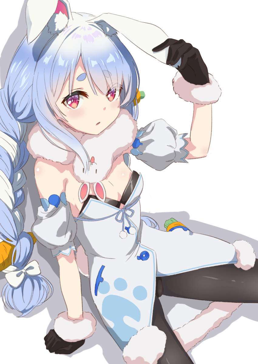 1girl animal_ear_fluff animal_ears arm_at_side arm_up black_gloves black_pantyhose blue_hair blue_ribbon bow braid breasts carrot carrot_hair_ornament cleavage clenched_hand cowboy_shot detached_sleeves don-chan_(usada_pekora) dress ear_down expressionless food-themed_hair_ornament from_above fur-trimmed_dress fur-trimmed_gloves fur_collar fur_trim gloves grabbing gradient_hair hair_bow hair_ornament hand_on_own_ear highres hololive legs_apart long_hair looking_at_viewer looking_up miyagi_yuki multicolored_hair pantyhose parted_bangs parted_lips pom_pom_(clothes) puffy_sleeves rabbit_ears rabbit_girl rabbit_tail red_eyes ribbon short_eyebrows short_sleeves sideways_glance simple_background sitting small_breasts solo strapless strapless_dress tail thick_eyebrows twin_braids twintails two-tone_hair usada_pekora usada_pekora_(1st_costume) virtual_youtuber white_background white_bow white_dress white_hair white_sleeves