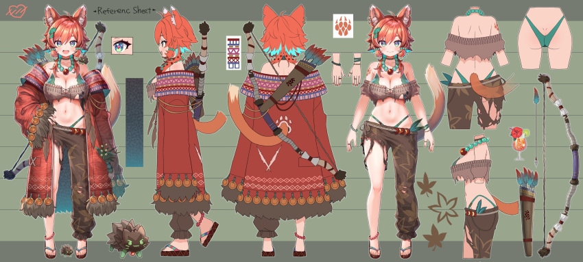 1girl :d absurdres animal_ears animal_on_shoulder arrow_(projectile) ass asymmetrical_clothes ayaoshiro back bandeau bare_shoulders bead_anklet bead_bracelet bead_necklace beads bikini bow_(weapon) bracelet breasts brown_bandeau brown_pants cat_tail choker cleavage clothes_on/clothes_off coat diamond-shaped_pupils diamond_(shape) fang full_body green_bikini green_choker green_eyes hair_bobbles hair_ornament hand_on_own_hip highleg highleg_bikini highres jewelry large_breasts leaf leaf_bikini leaf_on_head looking_at_viewer mozumi_pichi multiple_views navel necklace off_shoulder official_art orange_hair pants pink_nails plant quiver red_coat red_pupils reference_sheet second-party_source short_hair shoulder_tattoo single_pantsleg slippers smile standing stomach swimsuit symbol-shaped_pupils tail tattoo torn_clothes torn_pants tribal turnaround underboob v-dere weapon wolf_cut wolf_ears