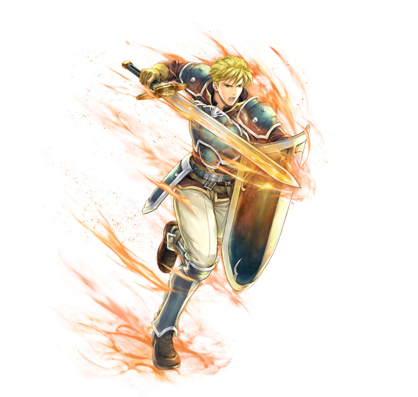 1boy armor attack blonde_hair brown_footwear fire_emblem fire_emblem:_the_blazing_blade fire_emblem_heroes harken_(fire_emblem) holding holding_shield holding_sword holding_weapon shield shin_guards shoulder_armor solo sword weapon