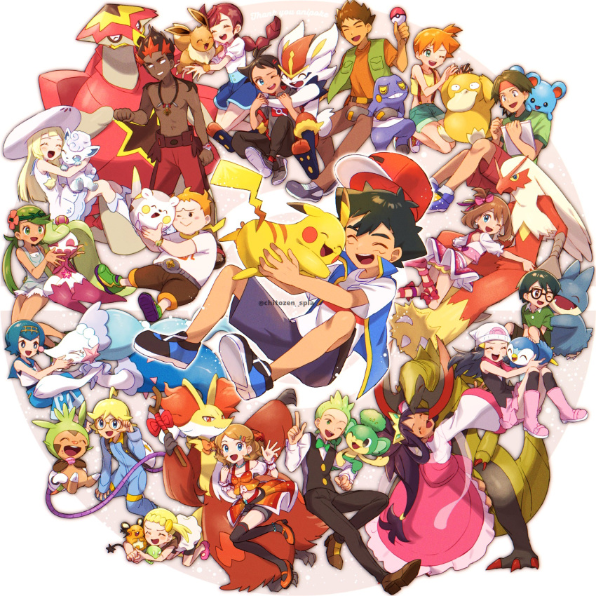 6+boys 6+girls ash_ketchum black_hair blonde_hair blue_eyes blue_hair brock_(pokemon) brown_eyes child chitozen_(pri_zen) cinderace clemont_(pokemon) closed_eyes dark-skinned_male dark_skin female_child glasses goh_(pokemon) green_hair hair_between_eyes highres jacket male_child max_(pokemon) may_(pokemon) misty_(pokemon) multicolored_hair multiple_boys multiple_girls one_eye_closed open_clothes open_jacket pants pikachu poke_ball pokemon pokemon_(anime) pokemon_(classic_anime) pokemon_(creature) pokemon_bw_(anime) pokemon_dppt_(anime) pokemon_journeys pokemon_sm_(anime) pokemon_xy_(anime) red_hair shoes short_sleeves skirt teeth upper_teeth_only white_background