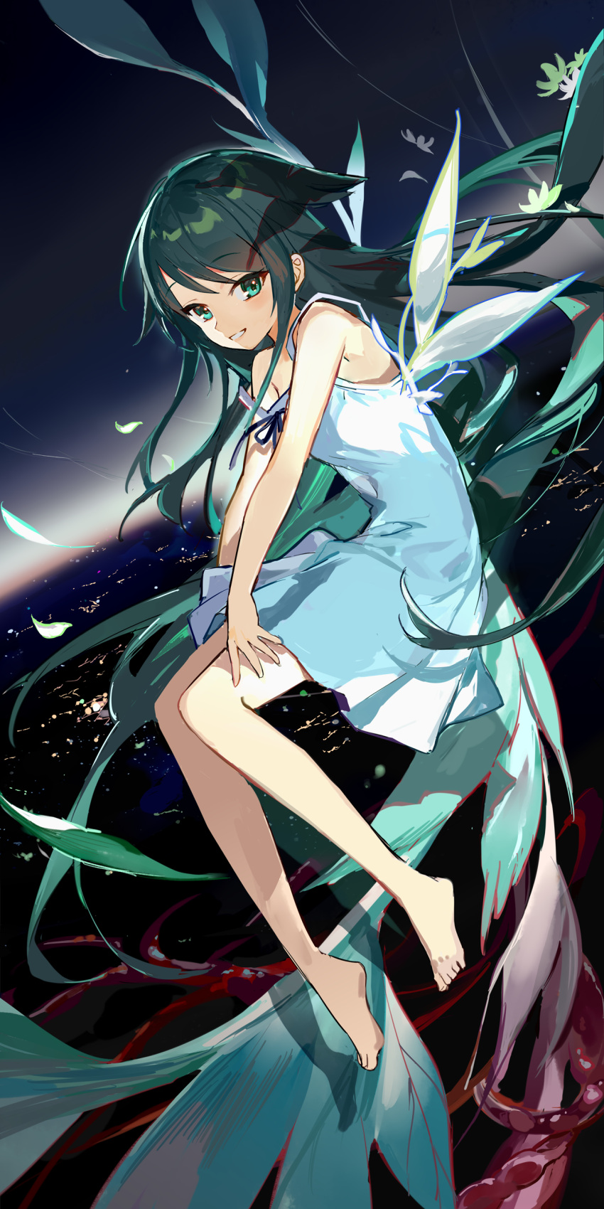 1girl absurdres bare_legs barefoot dress green_eyes green_hair highres karasu_btk legs long_hair looking_at_viewer saya_(saya_no_uta) saya_no_uta sleeveless sleeveless_dress smile solo toes white_dress wings