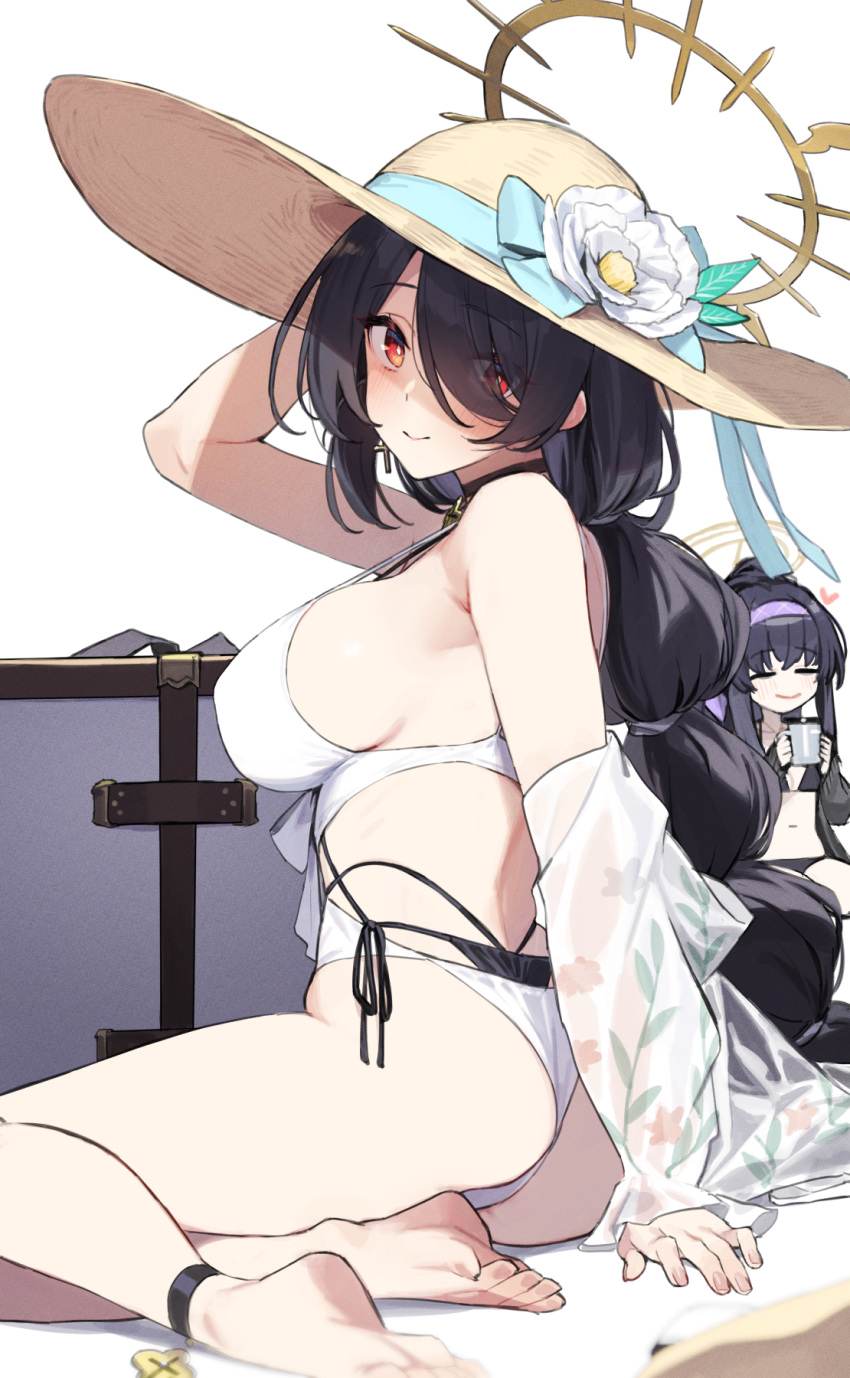 2girls 92m ass barefoot bikini black_bikini black_hair blue_archive braid braided_ponytail breasts closed_mouth eyes_visible_through_hair feet flower hair_over_one_eye hairband halo hat hat_flower highres hinata_(blue_archive) hinata_(swimsuit)_(blue_archive) large_breasts legs looking_at_viewer multiple_girls official_alternate_costume one-piece_swimsuit purple_hairband red_eyes simple_background sitting smile soles swimsuit toenails toes ui_(blue_archive) ui_(swimsuit)_(blue_archive) white_background white_flower white_one-piece_swimsuit