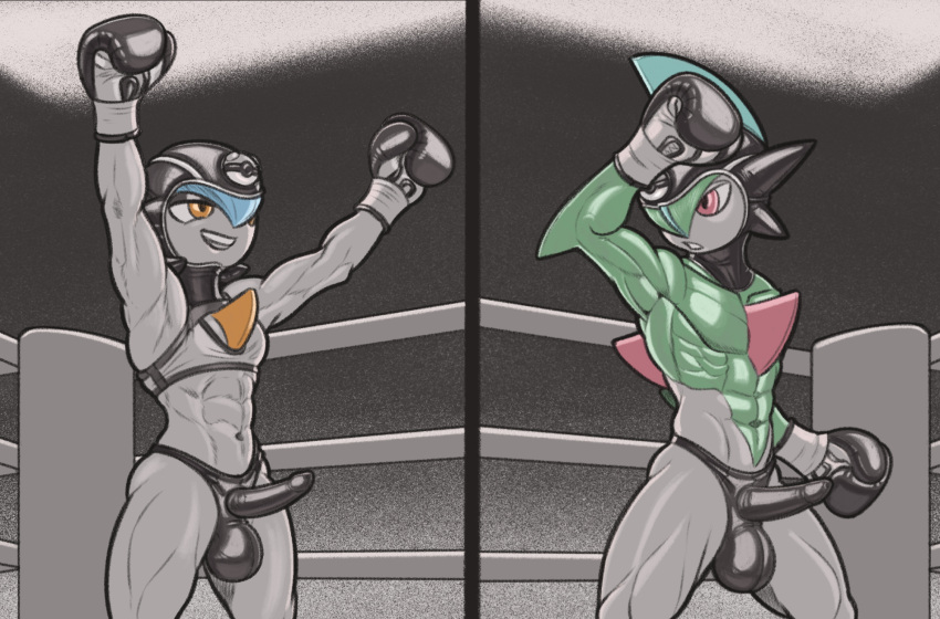 2023 anthro ballboxing balls_outline boxing boxing_gloves clothed clothing cock_sheath dcheese digital_media_(artwork) diptych duo erection erection_under_clothing female fighting_ring gallade gardevoir generation_3_pokemon generation_4_pokemon genital_outline gynomorph handwear hi_res intersex intersex/male leather leather_clothing leather_headgear male male/female muscular muscular_female muscular_male nintendo penis_clothing pokemon pokemon_(species) sport thong underwear