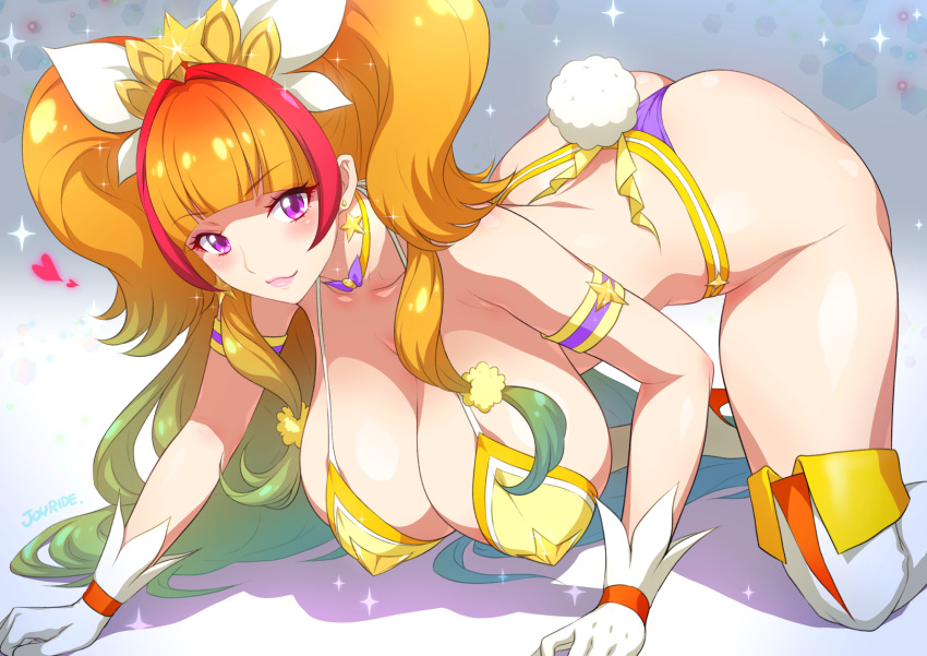 1girl all_fours alternate_breast_size alternate_costume amanogawa_kirara armband ass bikini breasts choker closed_mouth commentary_request cure_twinkle earrings gloves go!_princess_precure gradient_hair green_hair highres jewelry joy_ride large_breasts lips long_hair looking_at_viewer magical_girl multicolored_hair orange_hair precure purple_eyes rabbit_tail red_hair smile solo star_(symbol) star_earrings swimsuit tail thighhighs two-tone_hair white_gloves white_thighhighs yellow_bikini yellow_choker