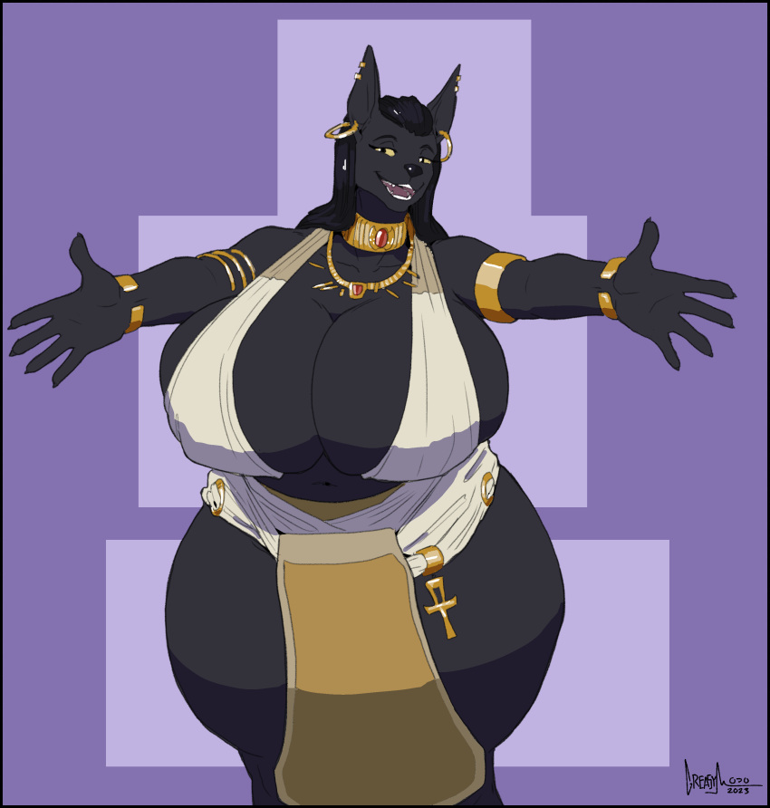 2023 5_fingers absurd_res anthro anubian_jackal big_breasts black_body black_border black_fur black_hair border bracelet breasts canid canine canis cleavage clothed clothing curvy_figure ear_piercing ear_ring eyebrows female fingers fur greasymojo hair hi_res huge_breasts jackal jewelry long_hair mammal necklace piercing portrait ring_piercing signature solo standing thick_thighs three-quarter_portrait voluptuous wide_hips