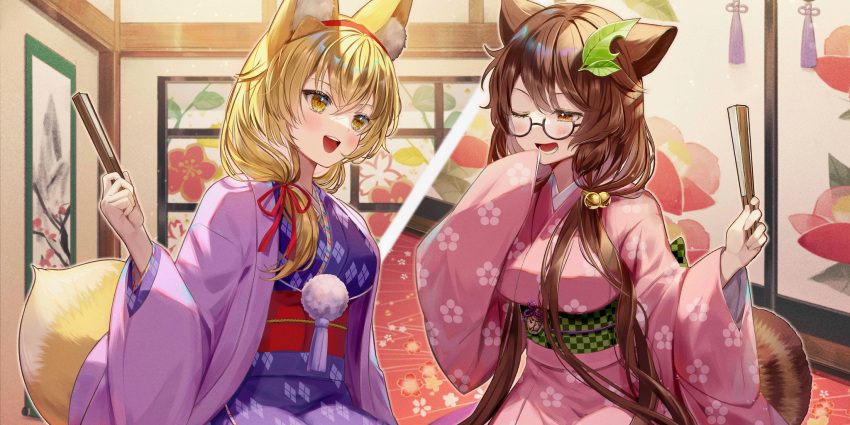 2girls :d ;d alternate_costume animal_ear_fluff animal_ears bell blonde_hair blush brown_eyes brown_hair folded_fan folding_fan fox_ears fox_tail futatsuiwa_mamizou hair_bell hair_between_eyes hair_ornament hair_ribbon hairband hand_fan hanten_(clothes) highres holding holding_fan indoors japanese_clothes jingle_bell kimono leaf_hair_ornament long_hair long_sleeves looking_at_another multiple_girls non-web_source obi official_art one_eye_closed open_mouth pink_kimono purple_kimono raccoon_ears raccoon_tail red_hairband red_ribbon ribbon samo_cha sash scroll second-party_source sleeves_past_fingers sleeves_past_wrists smile tail teeth touhou touhou_lost_word upper_body upper_teeth_only very_long_hair yakumo_ran yellow_eyes