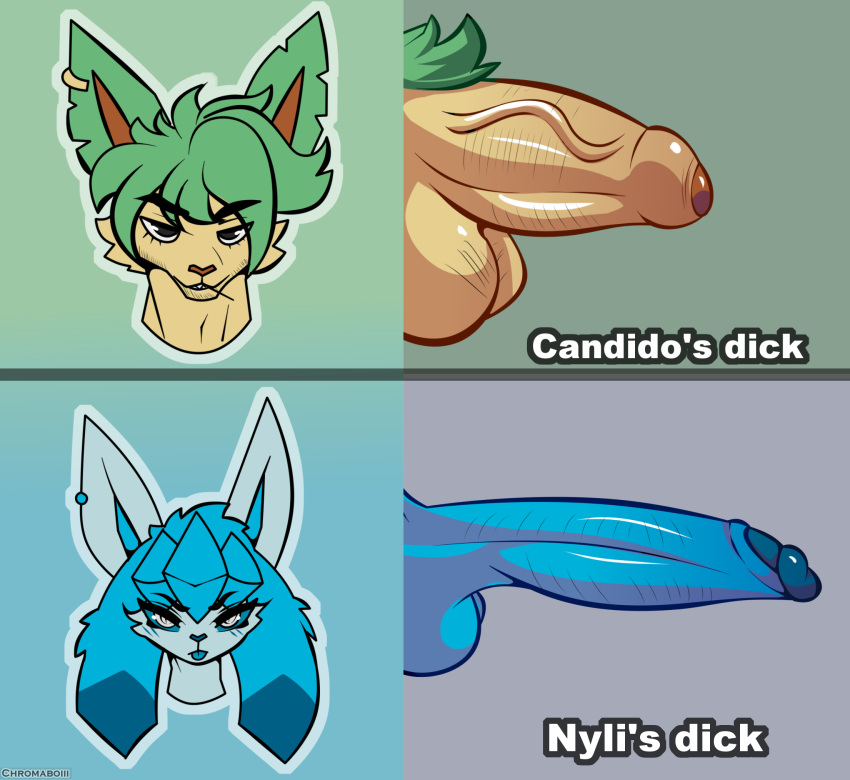 ambiguous_gender anthro big_penis candido(chromaboiii) chromaboiii comparing cute_expression duo eeveelution foreskin generation_4_pokemon genitals girly glaceon hi_res leaf_ears leafeon long_penis male male/male manly nintendo nyli(chromaboiii) penis penis_lineup pokemon pokemon_(species) thick_penis vein veiny_penis