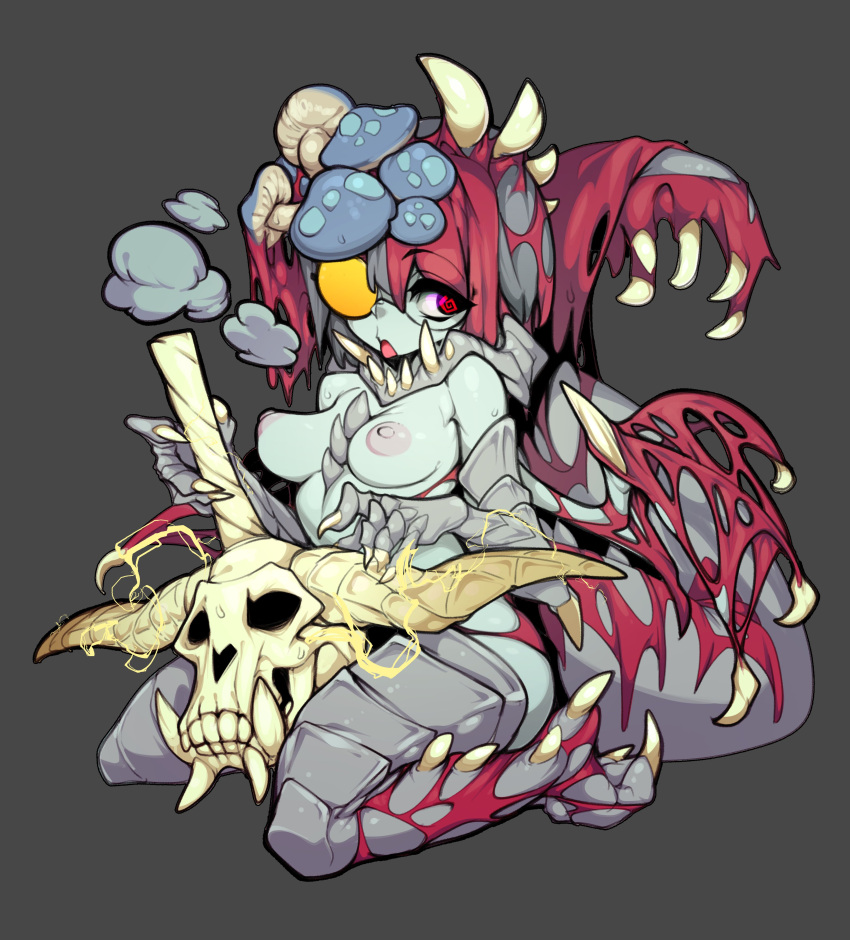 1girl absurdres armor breasts commentary english_commentary full_body grey_background highres large_breasts looking_to_the_side monster_hunter_(series) mushroom_on_head nipples open_mouth personification red_eyes red_hair simple_background sitting skull slugbox solo vaal_hazak wariza wings