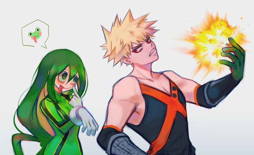 1boy 1girl absurdres asui_tsuyu bakugou_katsuki bare_shoulders blonde_hair blush bodysuit boku_no_hero_academia closed_mouth explosion frog gloves green_bodysuit green_eyes green_gloves green_hair grey_background highres long_hair looking_at_another pectoral_cleavage pectorals red_eyes short_hair simple_background smile spiked_hair spoken_animal tongue tongue_out unit0 upper_body white_gloves
