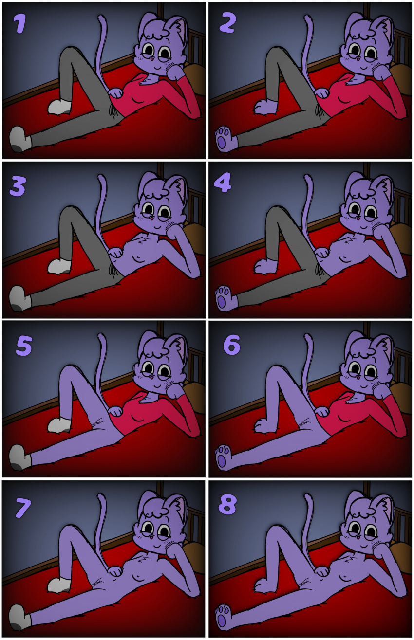 anthro bed bottomless breasts clothed clothing digital_drawing_(artwork) digital_media_(artwork) domestic_cat eggnaug felid feline felis female footwear furniture genitals hair hi_res looking_at_viewer lucy_(eggnaug) lying mammal mostly_nude nipples nude on_back pussy smile smiling_at_viewer socks solo tail text topless url