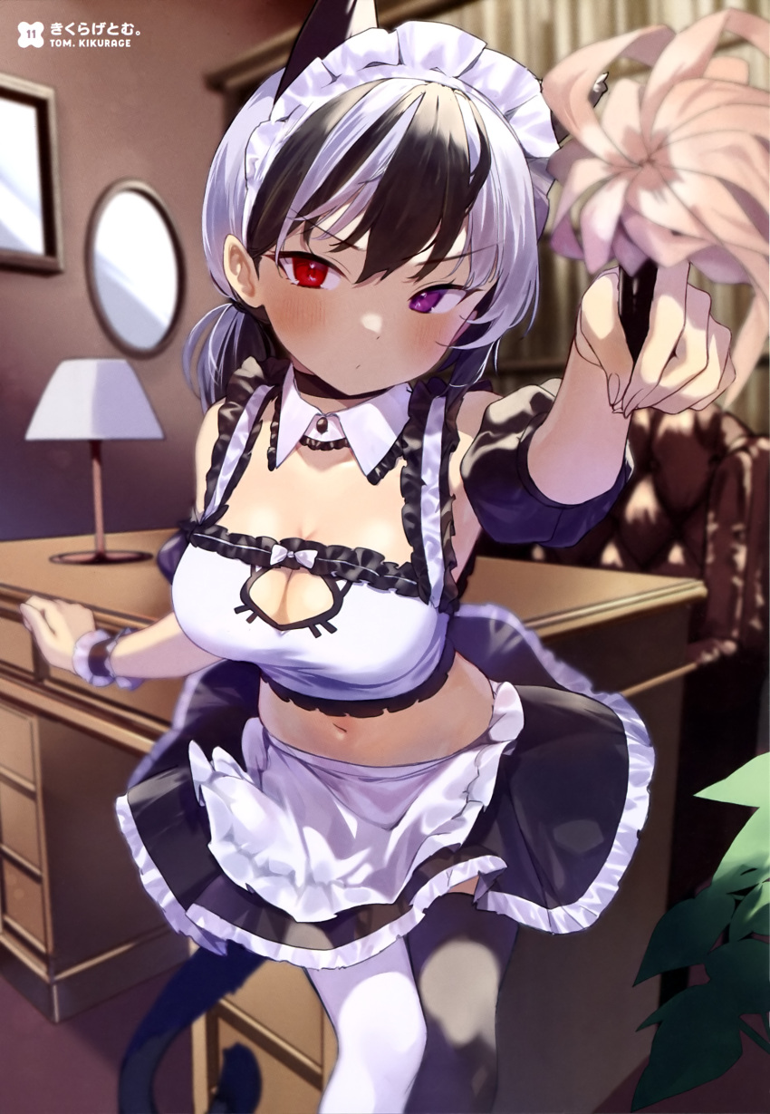 1girl absurdres animal_ears apron arm_up armpit_peek asymmetrical_legwear bare_shoulders black_choker black_hair black_skirt black_thighhighs breasts cat_ears cat_tail choker cleavage cleavage_cutout closed_mouth clothing_cutout crop_top detached_collar detached_sleeves duster frilled_shirt frills frown highres holding indoors kikurage_tom. long_hair looking_at_viewer low_ponytail maid maid_apron maid_headdress medium_breasts midriff miniskirt mismatched_legwear multicolored_hair navel original outstretched_arm purple_eyes red_eyes scan shirt short_sleeves skirt sleeveless sleeveless_shirt solo stomach tail thighhighs two-tone_hair v-shaped_eyebrows waist_apron white_hair white_shirt white_thighhighs wrist_cuffs