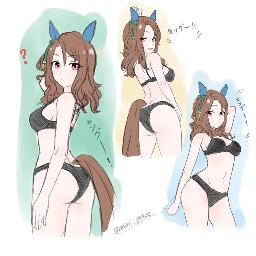 3girls ? absurdres animal_ears black_bra bra brown_hair ear_covers highres horse_ears horse_girl horse_tail king_halo_(umamusume) looking_at_viewer looking_back mini_pekoe multiple_girls multiple_views red_eyes tail twitter_username umamusume underwear underwear_only