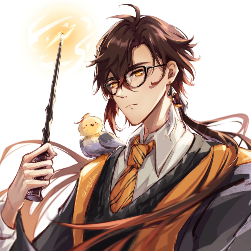 1boy animal_on_shoulder bespectacled bird bird_on_shoulder black-framed_eyewear brown_hair chenzcy chinese_commentary collared_shirt commentary_request dangle_earrings diagonal-striped_necktie earrings english_commentary genshin_impact glasses gradient_hair hair_between_eyes harry_potter_(series) highres holding holding_wand hufflepuff jewelry long_bangs long_sleeves looking_at_viewer male_focus mixed-language_commentary multicolored_hair necktie orange_necktie semi-circular_eyewear shirt simple_background upper_body wand white_background white_shirt wizarding_world yellow_eyes zhongli_(genshin_impact)