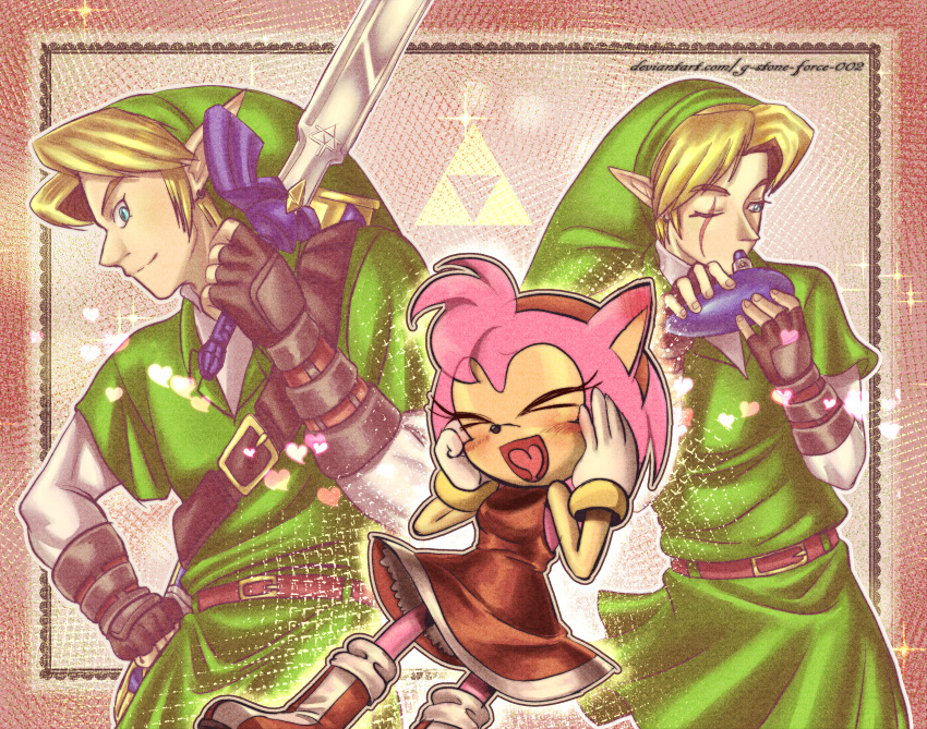 &lt;3 2023 absurd_res amy_rose anthro blue_eyes blush boots clothing crossover duo elf eulipotyphlan eyes_closed female footwear gloves greenstarforce handwear hedgehog hi_res holding_object holding_sword holding_weapon huge_filesize humanoid humanoid_pointy_ears hylian link male mammal master_sword melee_weapon musical_instrument nintendo open_mouth open_smile sega smile sonic_the_hedgehog_(series) sword text the_legend_of_zelda url weapon