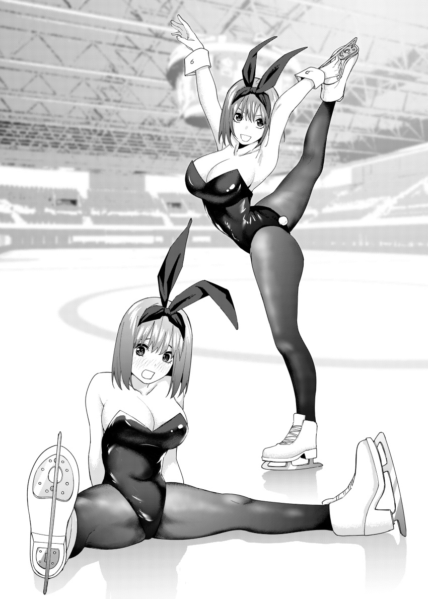 1girl absurdres arms_at_sides arms_up bare_shoulders black_pantyhose blush bow breasts cleavage double-parted_bangs go-toubun_no_hanayome greyscale hair_between_eyes hair_bow hair_ribbon hairband highres ice_skates ice_skating kosmos_beta large_breasts leg_up legs looking_at_viewer monochrome multiple_views nakano_yotsuba nose_blush open_mouth pantyhose playboy_bunny ribbon shiny_clothes short_hair sitting skates skating skating_rink split spread_legs standing standing_on_one_leg standing_split wrist_cuffs