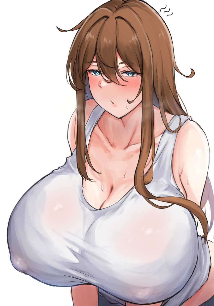 1girl absurdres bare_arms blue_eyes blush breasts brown_hair cleavage collarbone covered_nipples hair_between_eyes highres huge_breasts leaning_forward long_hair minori_(user_eket5233) original parted_lips sidelocks simple_background solo sweat tank_top upper_body white_background white_tank_top