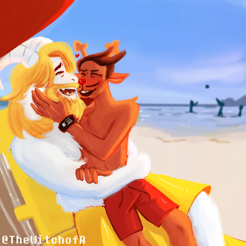 absurd_res anthro asgore_dreemurr beach blonde_hair bovid bracelet brown_body brown_fur brown_hair caprine clothed clothing deer deltarune fur goat hair hi_res horn jewelry mammal red_clothing red_swimwear rudolph_holiday seaside swimwear thewitchofa topless topless_anthro undertale_(series) white_body white_fur white_horn yellow_clothing yellow_swimwear