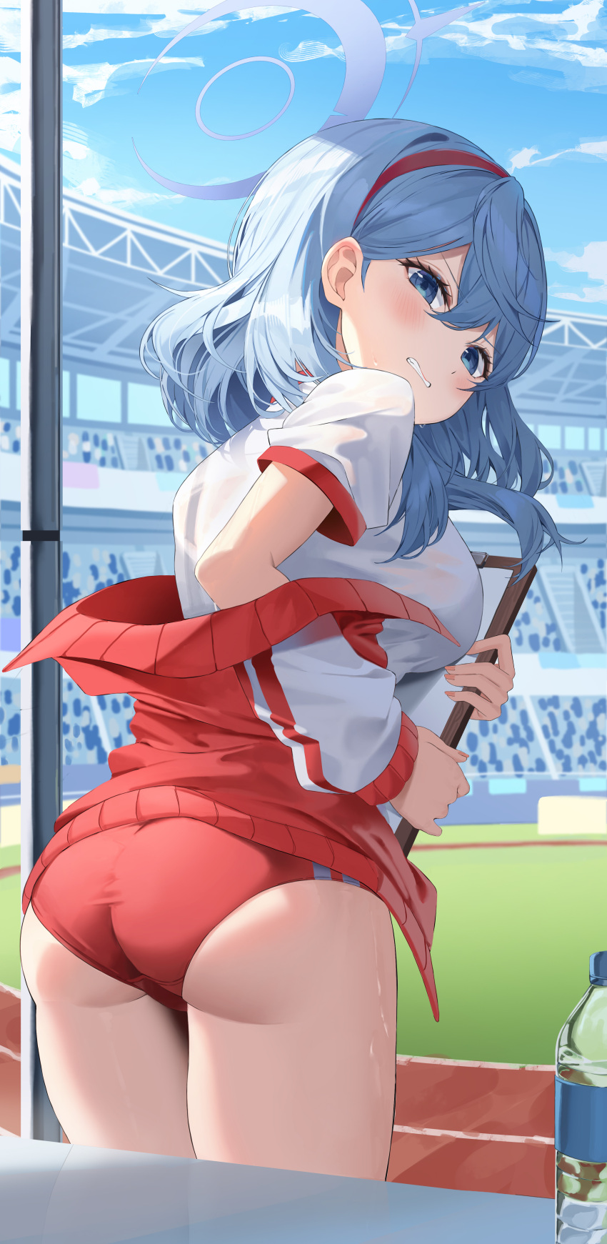 1girl absurdres ako_(blue_archive) ass blue_archive blue_eyes blue_hair blush bottle breasts buruma clenched_teeth clipboard gym_uniform hair_between_eyes hairband halo highres holding holding_clipboard jacket k.j. large_breasts long_hair looking_at_viewer looking_back partially_unzipped red_track_suit short_sleeves solo sweat teeth thighs track_jacket water_bottle