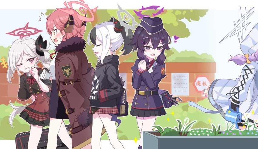 2windrill 5girls aru_(blue_archive) atsuko_(blue_archive) black_gloves black_hair black_hoodie black_skirt blue_archive braid closed_eyes coat demon_girl demon_horns demon_wings dress frilled_dress frills fur-trimmed_coat fur_trim gloves grey_halo grin hair_ornament hairclip halo hands_in_pockets haruka_(blue_archive) heart hood hood_down hood_up hooded_coat hoodie horns jacket kayoko_(blue_archive) long_sleeves medium_hair miniskirt multicolored_hair multiple_girls mutsuki_(blue_archive) one_eye_closed open_mouth out_of_frame outdoors own_hands_clasped own_hands_together pink_halo plaid plaid_skirt pleated_skirt ponytail problem_solver_68_(blue_archive) puffy_long_sleeves puffy_sleeves purple_eyes purple_hair purple_halo purple_headwear purple_jacket purple_skirt red_coat red_dress red_hair red_skirt shirt short_hair short_sleeves side_ponytail sideways_mouth skirt smile sparkle two-tone_hair white_coat white_hair white_halo white_shirt wings yellow_eyes