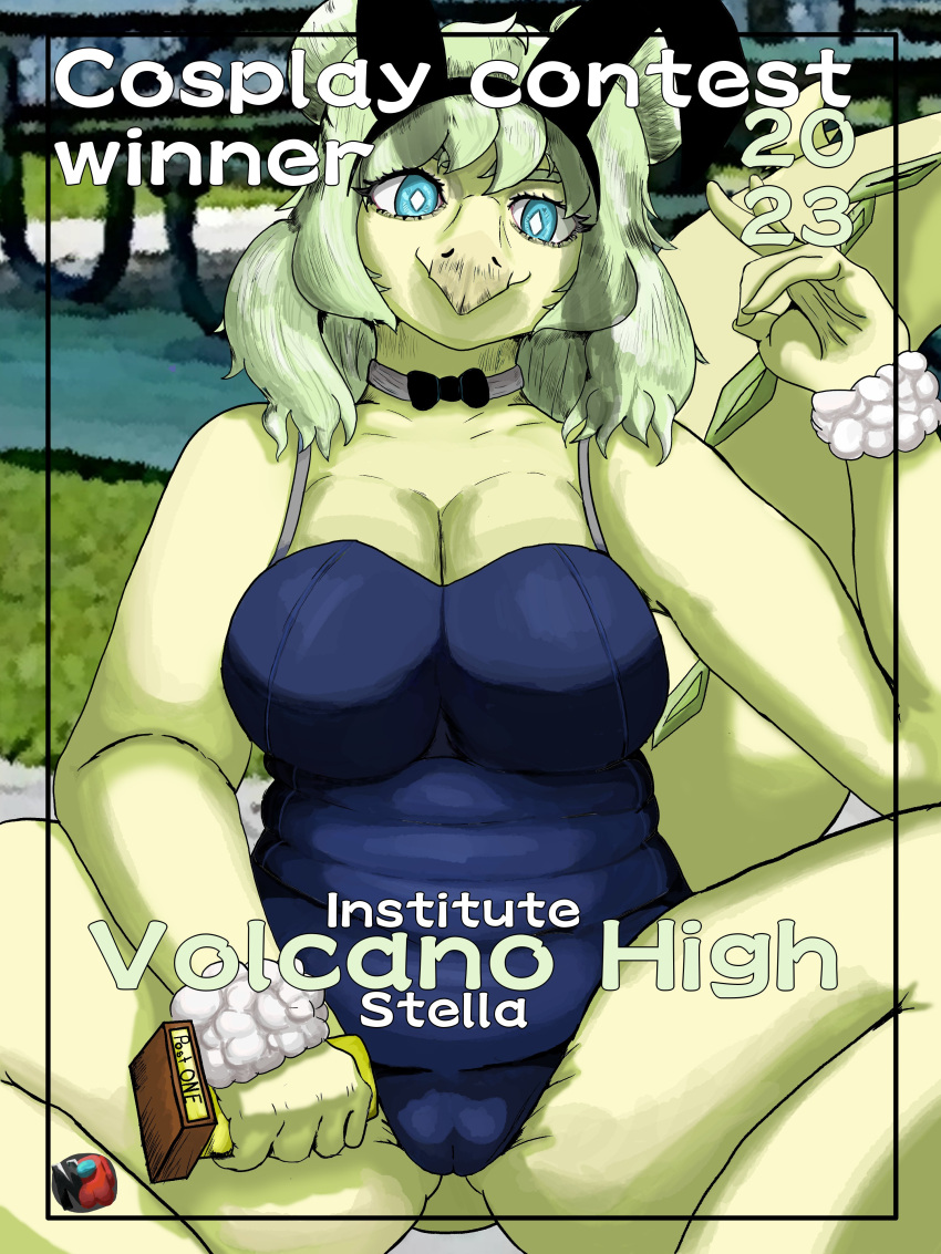 2023 3:4 5_fingers absurd_res anthro award big_breasts blue_eyes breasts butt_from_the_front camel_toe choker cleavage clothed clothing colored crouching dinosaur english_text female fingers gesture goodbye_volcano_high green_body green_hair green_scales hair hi_res jewelry looking_at_viewer nalgueon necklace ornithischian pose reptile scales scalie slightly_chubby slightly_chubby_female snoot_game snout solo stegosaurian stegosaurus stella_(snoot_game) sweatband text thyreophoran trophy v_sign wristband
