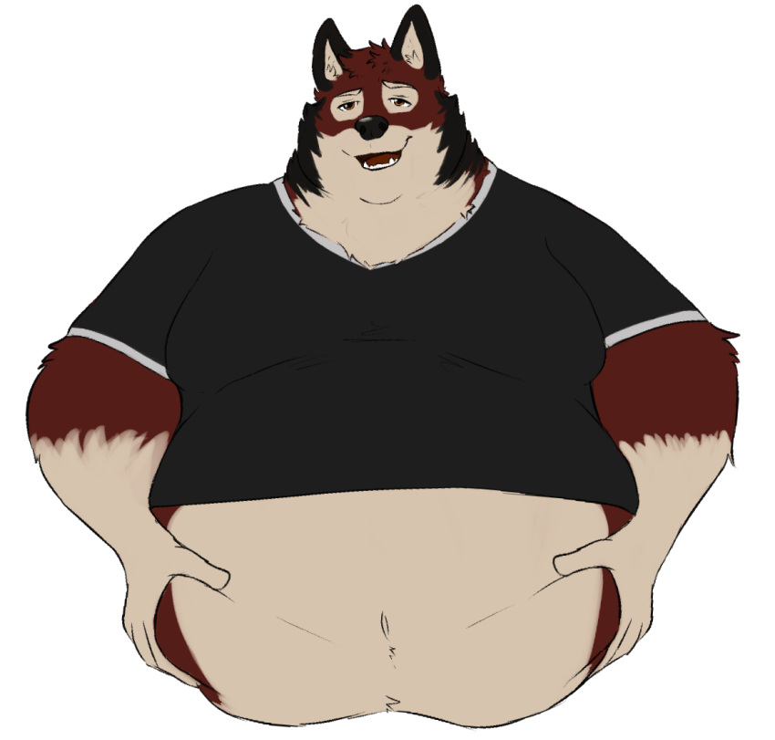 2023 anthro belly belly_grab big_belly black_clothing black_nose black_shirt black_t-shirt black_topwear canid canine canis clothing echo_(game) echo_(series) echo_project fur hand_on_stomach hands_on_belly holding_stomach hyenacakes leo_alvarez looking_at_viewer male mammal moobs multicolored_body multicolored_fur navel obese obese_anthro obese_male open_mouth overweight overweight_anthro overweight_male red_body red_eyes red_fur red_tongue shirt simple_background solo t-shirt teeth tongue topwear white_background wolf