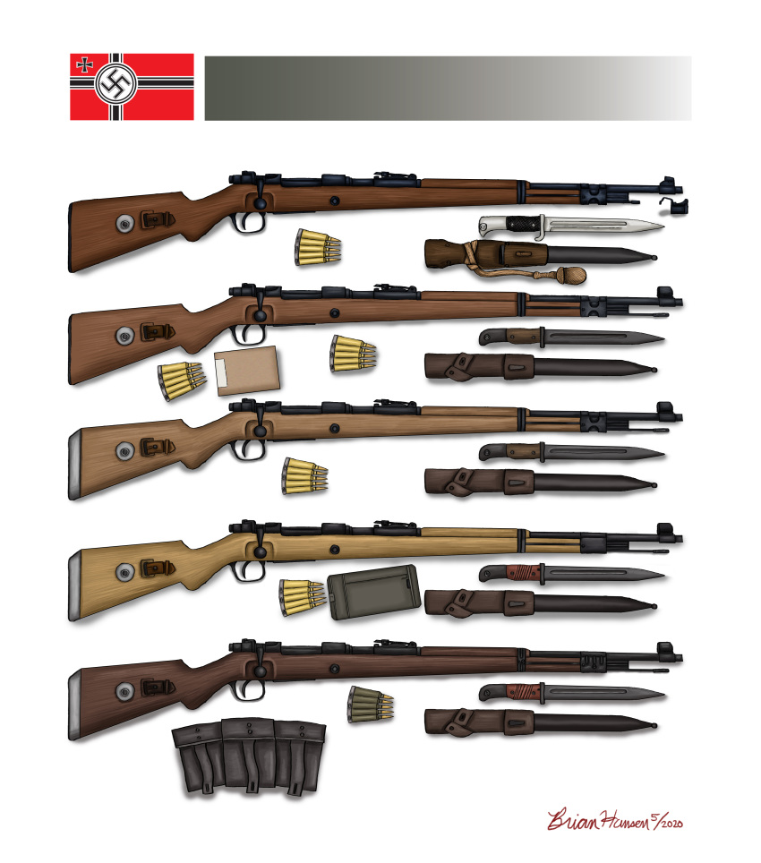 absurdres adobe_illustrator_(medium) ammunition ammunition_pouch artist_name bayonet bolt_action box carton clip_(weapon) colored_pencil_(medium) commentary english_commentary gun highres mauser_98 mixed_media nazi_flag nazi_war_ensign no_humans original photoshop_(medium) pouch rifle rifle_cartridge sheath signature simple_background still_life stopsigndrawer81 swastika traditional_media weapon weapon_focus white_background