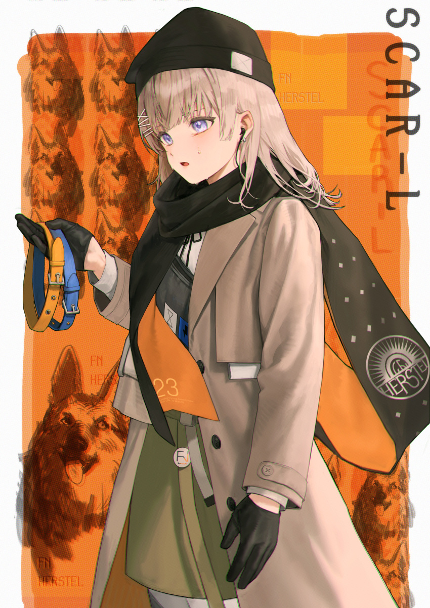 1girl absurdres black_gloves black_headwear black_scarf blue_collar blush brown_coat character_name coat collar crying dog fn_herstal girls'_frontline gloves hair_ornament hairclip highres holding holding_collar kir_(khw66136132) light_brown_hair looking_ahead medium_hair open_clothes open_coat orange_collar parted_lips purple_eyes scar-l_(girls'_frontline) scarf sidelocks tears