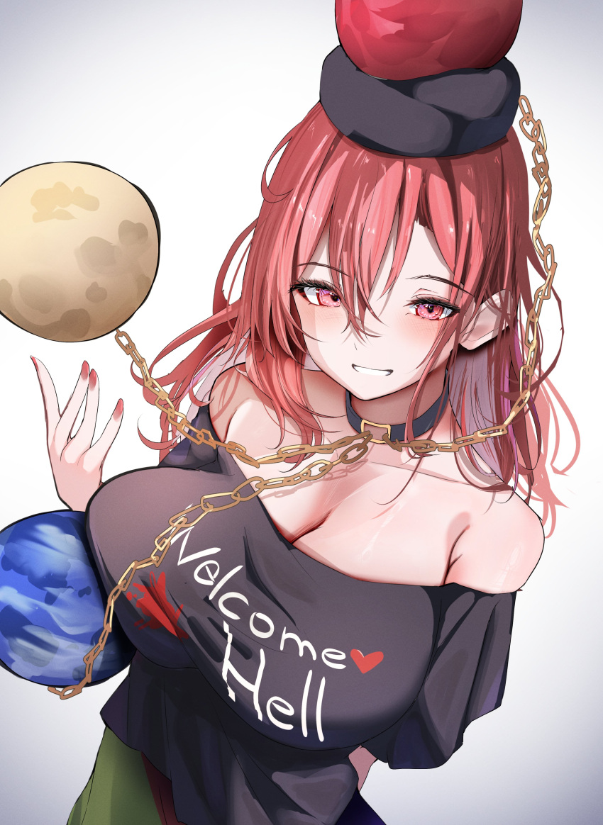 1girl 258n absurdres black_headwear black_shirt blush breasts chain cleavage clothes_writing collarbone earth_(ornament) fingernails grin hair_between_eyes hecatia_lapislazuli highres large_breasts looking_at_viewer medium_hair nail_polish off-shoulder_shirt off_shoulder polos_crown red_eyes red_hair red_nails shirt short_sleeves smile solo t-shirt touhou upper_body