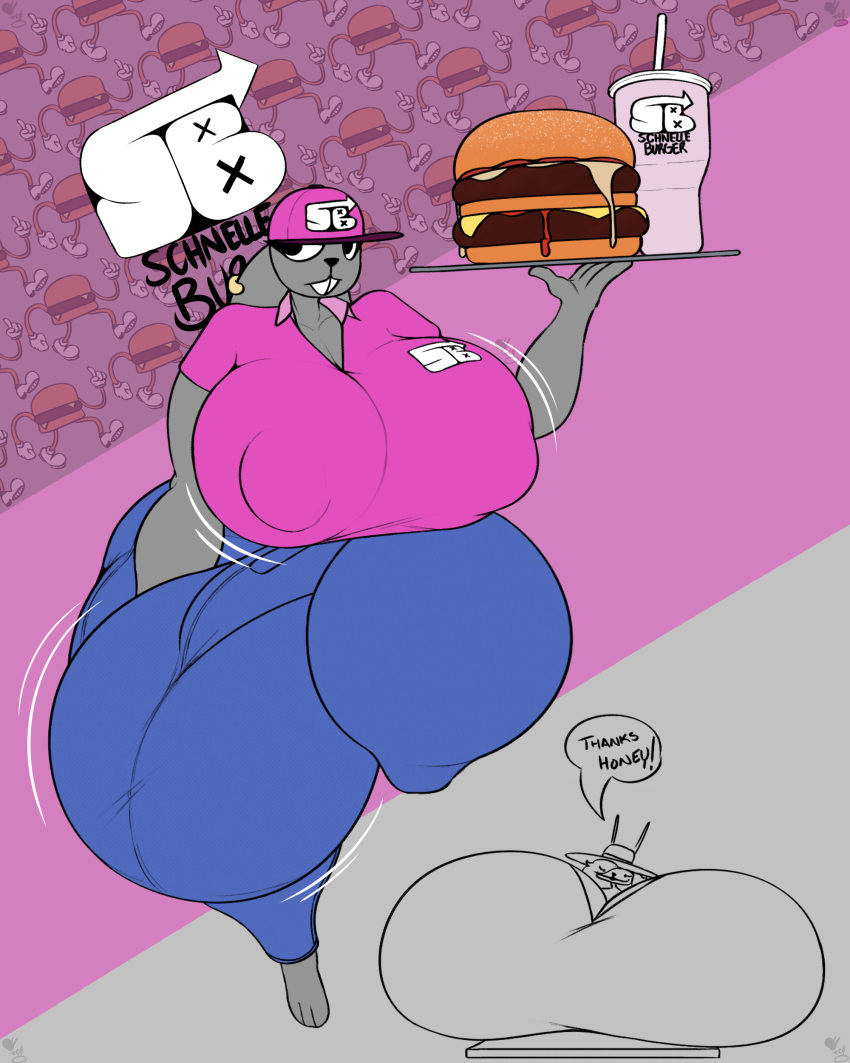 absurd_res anthro areola_outline balls big_balls big_breasts big_bulge big_penis bouncing_breasts bouncing_bulge breast_rest breasts bulge burger clothed clothing corona_cummins_(thechavicgerman) duo female food fully_clothed genitals gynomorph hi_res huge_balls huge_breasts huge_bulge huge_penis huge_thighs humanoid hyper hyper_balls hyper_breasts hyper_bulge hyper_genitalia intersex lagomorph leporid lottie_cummins_(thechavicgerman) mammal penis rabbit schnelle_burger thechavicgerman_(artist) thick_thighs uniform