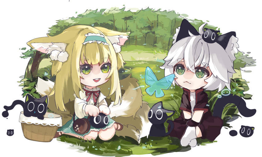1boy 1girl :&lt; :d animal_ear_fluff animal_ears arknights basket black_cat black_gloves black_jacket black_pants blue_butterfly blunt_ends brown_footwear bug butterfly cardigan cat cat_boy cat_ears cat_tail chibi chinese_commentary commentary_request crossed_bangs crossover fox_ears fox_girl fox_tail gloves green_eyes green_skirt hair_between_eyes heixiu highres indian_style jacket kitsune kyuubi long_sleeves luo_xiaohei luo_xiaohei_zhanji mary_janes multiple_tails neck_ribbon official_alternate_costume on_grass open_mouth pants red_ribbon ribbon round_teeth shirt shoes sitting skirt smile socks suzuran_(arknights) suzuran_(spring_praise)_(arknights) tail teeth thick_eyebrows upper_teeth_only wariza white_cardigan white_shirt white_socks wuwr6