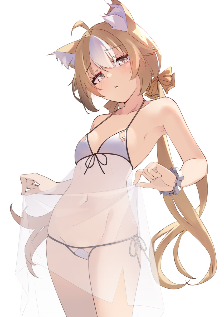1girl absurdres animal_ear_fluff animal_ears bikini blonde_hair bow breasts clothes_lift commentary_request cowboy_shot girls'_frontline_neural_cloud hair_bow hannah_(neural_cloud) highres looking_at_viewer low_twintails multicolored_hair navel partial_commentary scrunchie see-through_swimsuit simple_background small_breasts solo string_bikini swimsuit teeth twintails two-tone_hair white_eyes white_hair wrist_scrunchie y_kimisaki