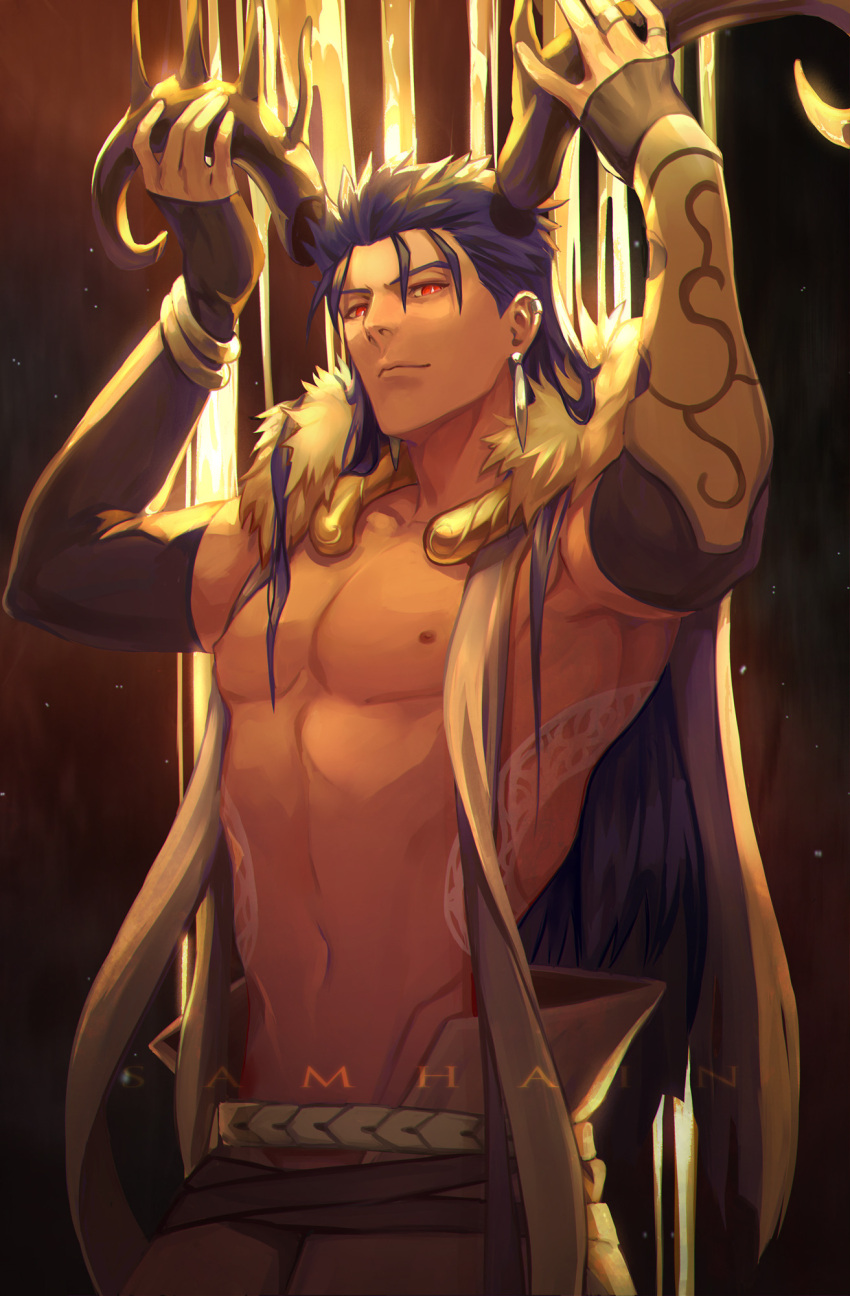 1boy blue_hair closed_mouth cu_chulainn_(caster)_(fate) cu_chulainn_(fate) earrings fate/grand_order fate_(series) gold gravesecrets highres horns jewelry long_hair looking_at_viewer male_focus multiple_earrings muscular muscular_male pectorals red_eyes single_vambrace solo spiked_hair vambraces