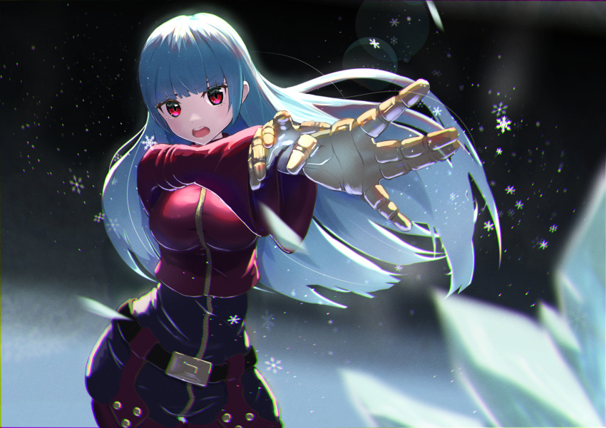 1girl :o belt black_background blue_hair blurry bodysuit breasts chaps cowboy_shot cryokinesis depth_of_field gloves highres jacket kula_diamond long_hair looking_at_viewer medium_breasts outstretched_arms reaching reaching_towards_viewer red_eyes schiff_o3o snowflakes solo the_king_of_fighters yellow_gloves zipper