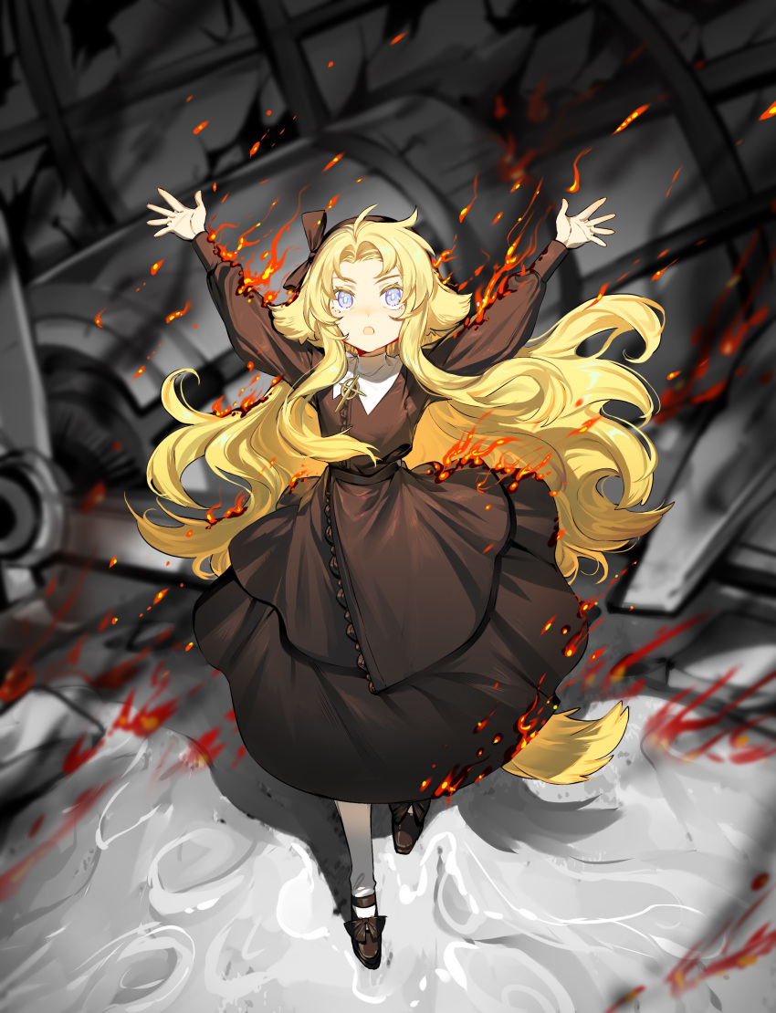 1girl :o absurdres aged_down arknights arms_up black_bow black_dress black_footwear blonde_hair blue_eyes blurry bow brooch burning collared_dress cross_brooch depth_of_field dress fengchaoqu footwear_bow full_body hair_bow highres jewelry kirsten_(arknights) long_hair long_sleeves looking_at_viewer open_mouth pantyhose puffy_long_sleeves puffy_sleeves reaching shadow shoes solo standing tail very_long_hair wheel white_pantyhose wreckage