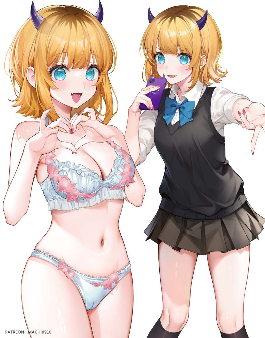 1girl :3 bare_arms bare_shoulders black_skirt black_sweater_vest blonde_hair blue_bow blue_bowtie blue_eyes blunt_bangs blush bow bowtie bra breasts cameltoe cellphone cleavage collared_shirt demon_horns fake_horns fang feet_out_of_frame fingernails gyaru_v hands_up heart heart_hands highres holding holding_phone horns kneehighs long_fingernails looking_at_viewer machi_(7769) medium_breasts memcho miniskirt multiple_views nail_polish navel no_pupils open_mouth oshi_no_ko outstretched_arm panties patreon_username phone pink_nails pleated_skirt roots_(hair) school_uniform shirt short_hair simple_background skirt sleeves_rolled_up smartphone smile socks standing stomach sweater_vest underwear underwear_only v white_background white_bra white_panties white_shirt