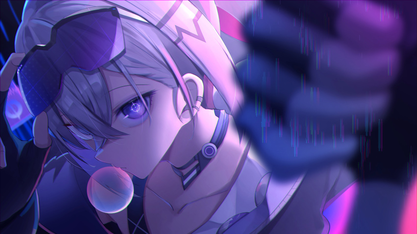 1girl absurdres adjusting_eyewear adjusting_goggles bubble_blowing chewing_gum choker collarbone fingerless_gloves gloves goggles goggles_on_head grey_hair hair_between_eyes highres honkai:_star_rail honkai_(series) purple_eyes purple_theme sanasedayo silver_wolf_(honkai:_star_rail) solo target thumbs_down upper_body