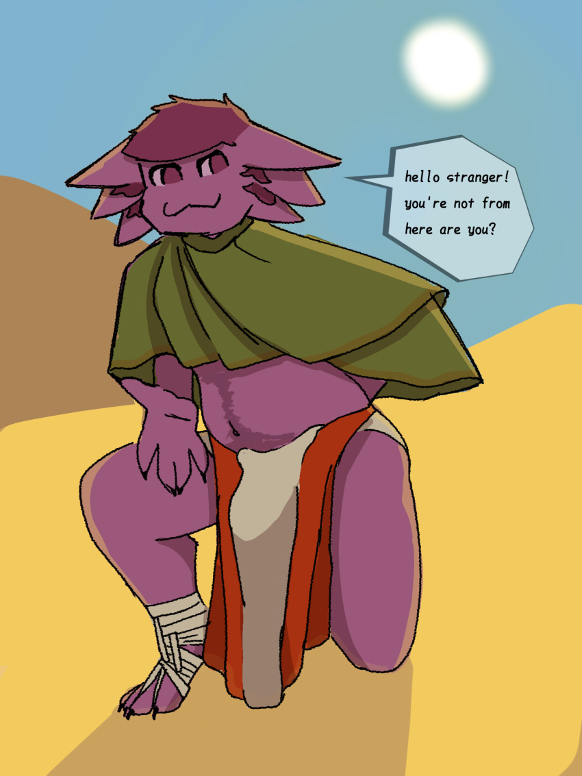 amphibian anthro axolotl body_hair bottomwear bulge carlos_(pantostado25) chubby_male clothed clothing desert dialogue feet fur hair happy_trail hi_res humanoid loincloth male male/male marine mexican_flag mexico mole_salamander mountain nails navel pantostado25 poncho purple_body purple_eyes purple_fur purple_hair salamander_(amphibian) sharp_nails slightly_chubby solo speech_bubble sun