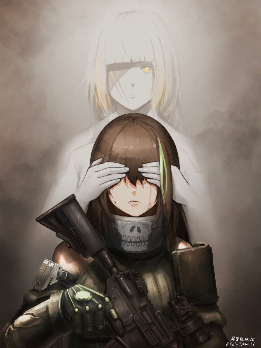 2girls armor assault_rifle black_gloves blunt_bangs brown_hair chinese_commentary commentary covering_another's_eyes eyepatch fallenspherell frown girls'_frontline gloves green_hair gun hair_over_eyes highres holding holding_gun holding_weapon m16a1_(boss)_(girls'_frontline) m16a1_(girls'_frontline) m4a1_(girls'_frontline) mixed-language_commentary multiple_girls rifle trigger_discipline twitter_username weapon yellow_eyes
