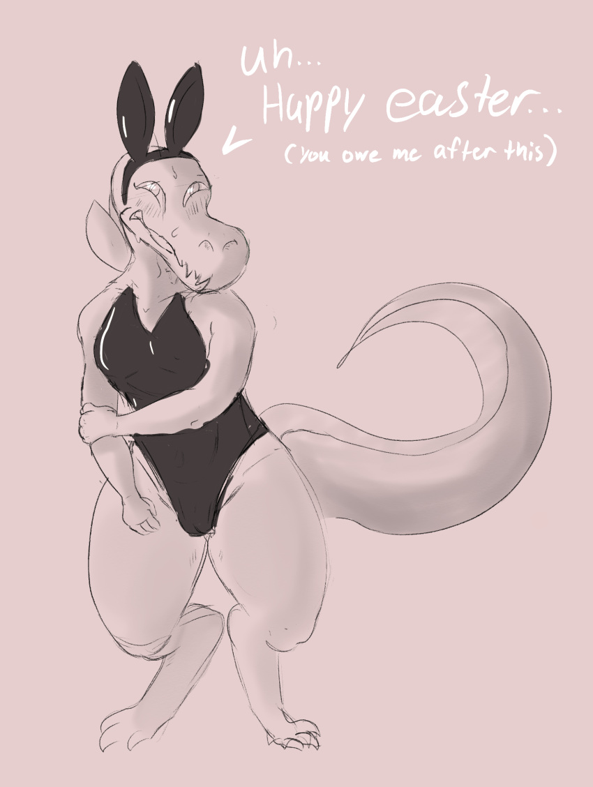 anthro bodily_fluids dialogue discodemon easter fake_ears fake_rabbit_ears female generation_7_pokemon hi_res holidays monochrome nervous_smile nintendo one_piece playboy_bunny pokemon pokemon_(species) reptile sadie_(discodemon) salandit scalie solo sweat tail