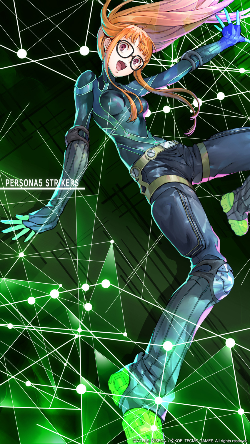 1girl :d artist_request atlus belt black_bodysuit blunt_bangs bodysuit breasts copyright copyright_name floating_hair glasses gloves green_background green_belt green_footwear green_theme highres knee_pads long_hair looking_at_viewer official_art open_mouth orange_hair outstretched_arms persona persona_5 persona_5_scramble:_the_phantom_strikers purple_eyes sakura_futaba small_breasts smile solo