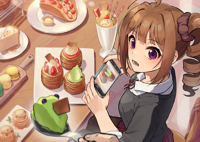 1boy 1girl black_pantyhose black_sweater blunt_bangs blush breasts brown_hair cake cellphone checkered_floor chocolate cookie crepe dessert dress_shirt drill_hair food from_above from_side fruit holding holding_food holding_phone holding_spoon ice_cream idolmaster idolmaster_million_live! idolmaster_million_live!_theater_days jewelry kamille_(vcx68) light_blush long_hair looking_at_viewer looking_to_the_side looking_up lower_teeth_only macaron medium_breasts nail_polish neck_ribbon open_mouth pantyhose pastry phone pink_nails plate pleated_skirt pov pov_hands purple_eyes purple_skirt red_ribbon ribbon ring school_uniform shirt sidelocks sitting skirt smartphone solo_focus spoon strawberry surprised sweater taking_picture teeth thief tile_floor tiles twin_drills whipped_cream white_shirt yokoyama_nao