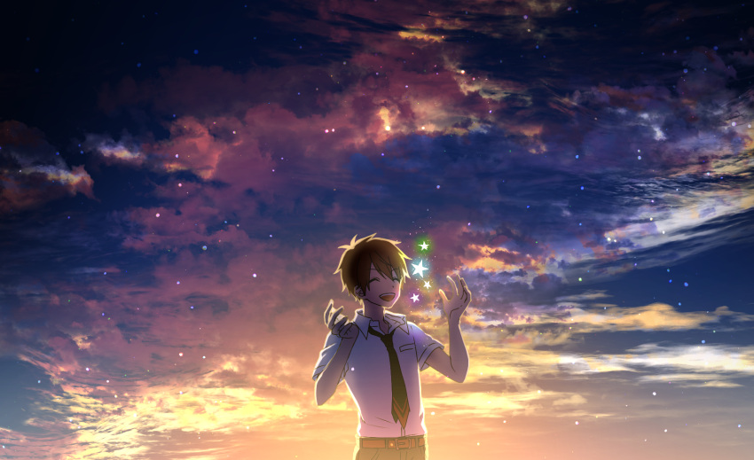 1boy ^_^ backlighting belt bishounen black_necktie black_pants breast_pocket brown_hair closed_eyes collared_shirt dawn ensemble_stars! glowing highres kouichi383 male_focus morisawa_chiaki necktie open_mouth pants pocket red_belt school_uniform shirt short_hair solo star_(sky) teeth upper_body upper_teeth_only white_shirt