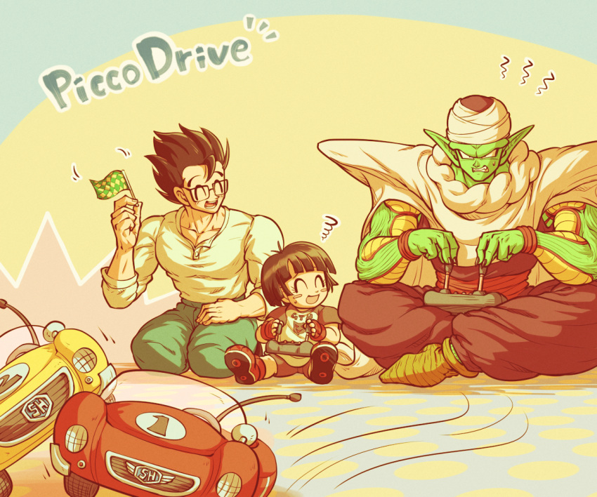 1girl 2boys :d ^_^ angry biceps black_hair black_nails blue_background blunt_bangs blunt_ends blush blush_stickers cape clenched_teeth closed_eyes colored_skin commentary_request controller dougi dragon_ball dragon_ball_super eyelashes fang father_and_daughter fingernails flag glasses green_pants green_skin hand_up holding holding_flag joystick koukyouji long_sleeves motion_lines multicolored_background multiple_boys muscular muscular_male namekian notice_lines open_mouth pan_(dragon_ball) pants piccolo pink_background pointy_ears purple_pants rectangular_eyewear red_footwear red_sash sash shirt shoes short_hair short_sleeves shorts shoulder_pads sidelocks simple_background sitting smile son_gohan spiked_hair squiggle sweatdrop teeth toy_car turban v-shaped_eyebrows white_cape white_shirt yellow_background
