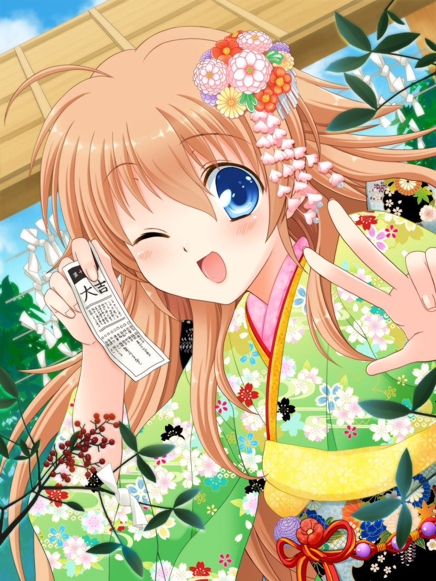 1girl :d ahoge angel_beats! blonde_hair blue_eyes blue_sky blush cherry_blossom_print commentary_request day dutch_angle fingernails floating_hair floral_print flower green_kimono hair_flower hair_ornament hand_up happy highres holding holding_paper ikeda_jun_(aquaqua) japanese_clothes kanzashi kimono long_hair looking_at_viewer new_year omikuji one_eye_closed open_mouth outdoors paper pink_flower red_flower second-party_source sekine_shiori sidelocks sky smile solo spiked_hair very_long_hair w yellow_flower yukata