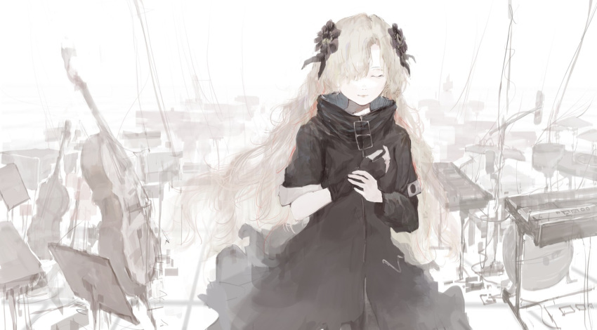 1girl asymmetrical_sleeves black_coat black_flower black_gloves cello closed_eyes coat expressionless fingerless_gloves flower gloves grey_hair hair_flower hair_ornament hair_over_one_eye hand_on_own_chest highres instrument isekai_joucho kamitsubaki_studio keyboard_(instrument) long_hair microphone multicolored_hair own_hands_together red_hair single_fingerless_glove sketch solo two-tone_hair uneven_sleeves virtual_youtuber white_background xieil1