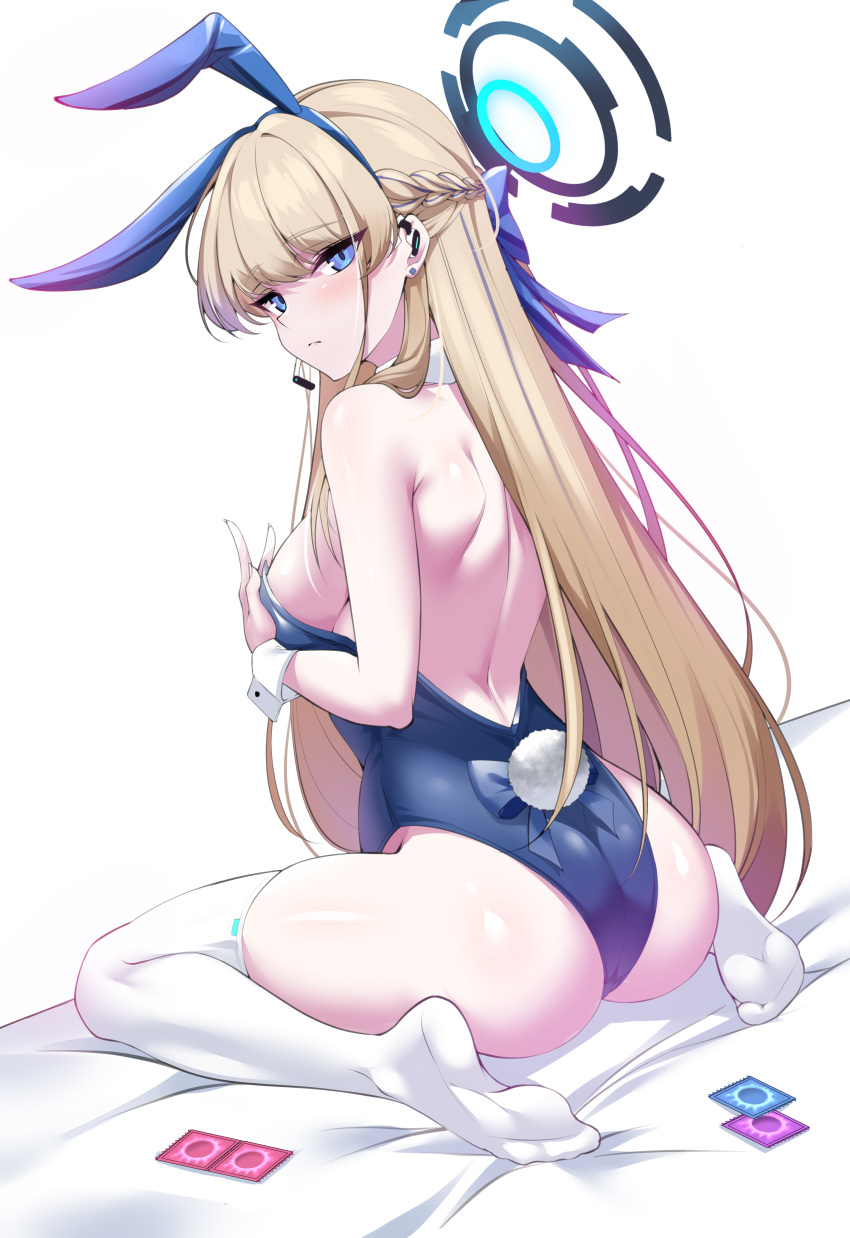 1girl absurdres animal_ears ass bare_shoulders blonde_hair blue_archive blue_eyes blue_leotard breasts condom detached_collar elze_(s01047480836) fake_animal_ears halo highres leotard long_hair looking_at_viewer medium_breasts official_alternate_costume playboy_bunny rabbit_ears sitting soles solo strapless strapless_leotard thighhighs thighs toki_(blue_archive) toki_(bunny)_(blue_archive) very_long_hair wariza wrist_cuffs