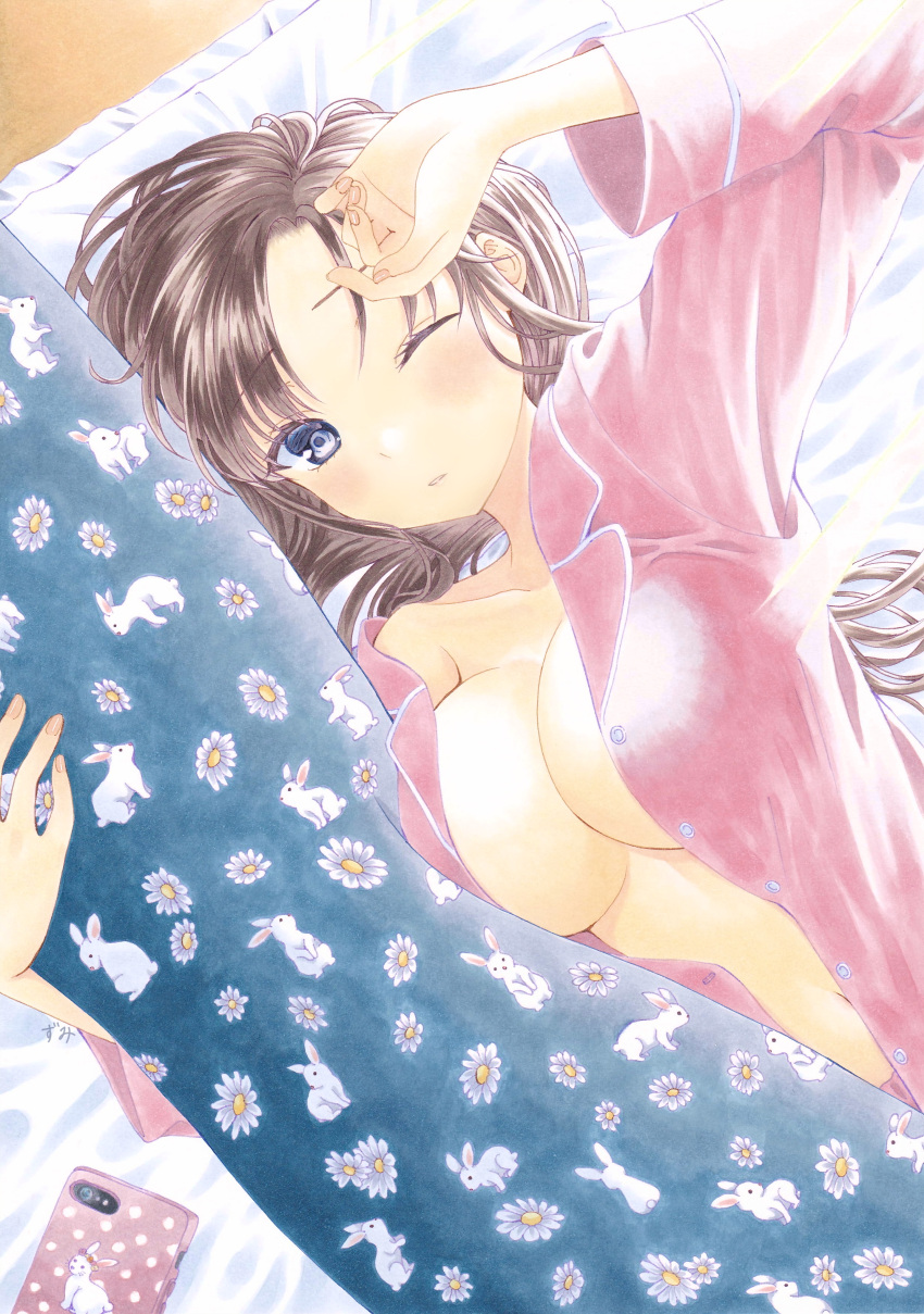 1girl absurdres arm_up blue_eyes body_pillow breasts brown_hair cellphone commentary from_above futon highres long_hair long_sleeves looking_at_viewer lying marker_(medium) medium_breasts navel object_hug on_back on_bed one_eye_closed open_clothes open_shirt original osumi_izumi pajamas parted_lips phone pillow pillow_hug red_shirt shirt smartphone solo traditional_media