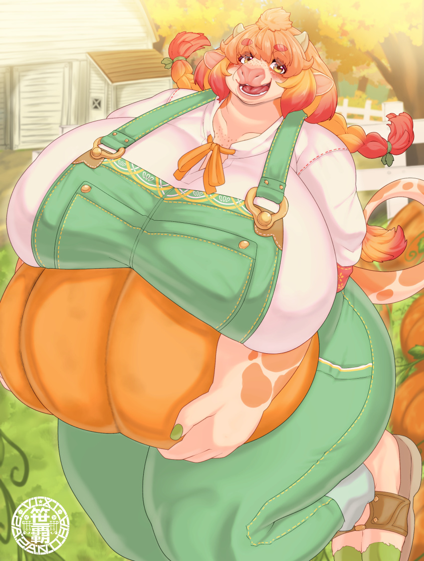 absurd_res anthro autumn big_breasts bovid bovine breasts brown_body brown_eyes brown_fur building cattle clothing colored_nails curled_tail curvy_figure female food fruit fur grass green_nails green_overalls hair hi_res holding_pumpkin horn house huge_breasts jumping looking_at_viewer mammal nails open_mouth orange_hair outside overalls pink_nose plant pumpkin raised_tail sasanoha6011 shirt smile solo tail thick_thighs topwear tree twintails_(hairstyle) voluptuous white_body white_clothing white_fur white_horn white_shirt white_topwear wide_hips