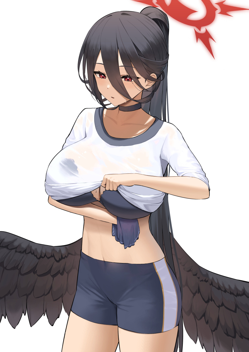 1girl absurdres black_bra black_choker black_wings blue_archive bra breasts choker clothes_lift feathered_wings gym_shirt gym_shorts gym_uniform halo hasumi_(blue_archive) hasumi_(gym_uniform)_(blue_archive) high_ponytail highres huge_breasts large_wings lifted_by_self long_hair lordol low_wings mole mole_under_eye official_alternate_costume red_eyes see-through see-through_shirt shirt shirt_lift shorts standing underwear wings wiping_sweat